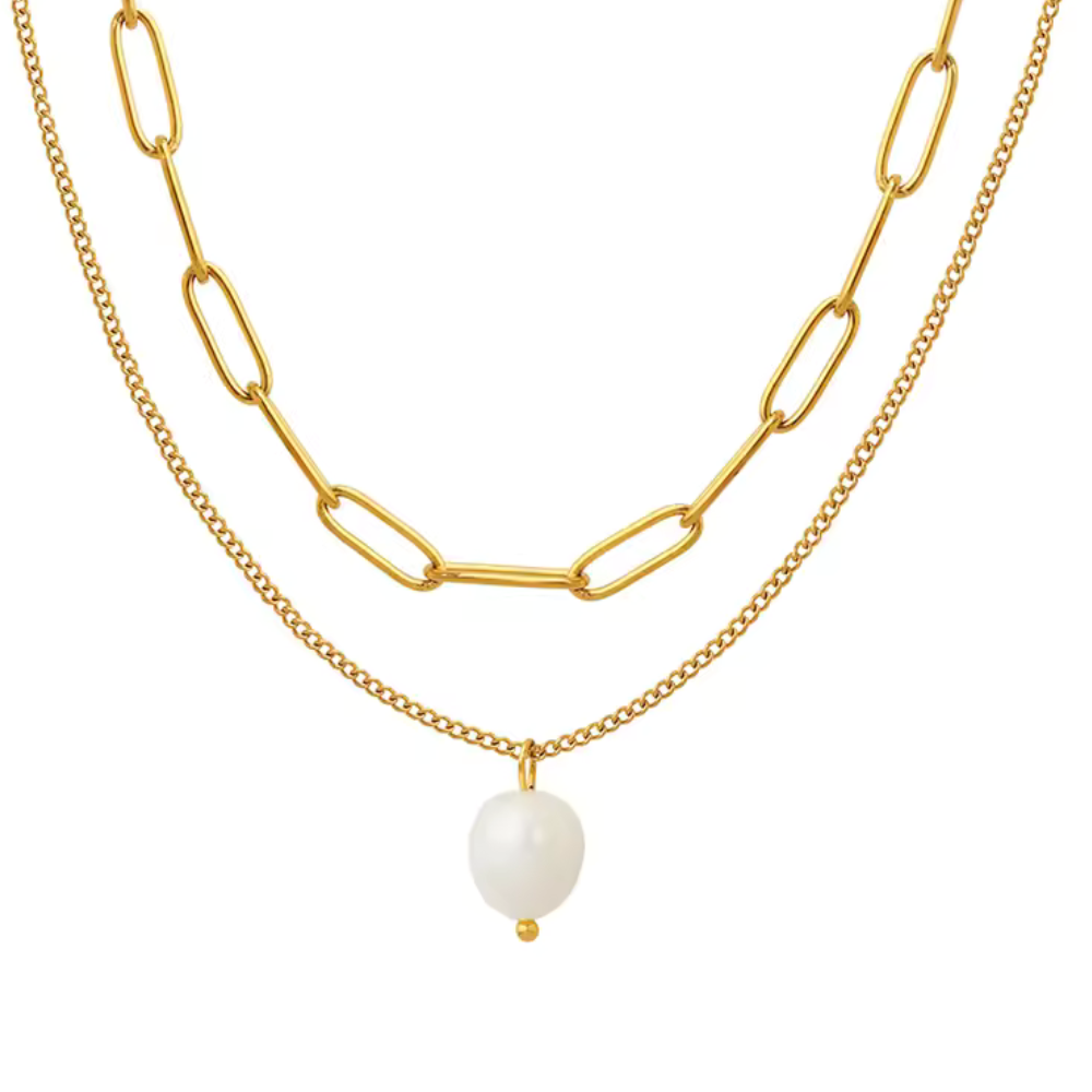 DOUBLE CHAIN PEARL NECKLACE