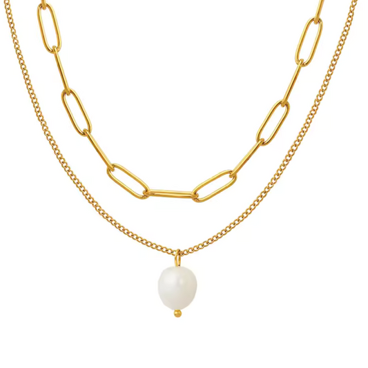 DOUBLE CHAIN PEARL NECKLACE